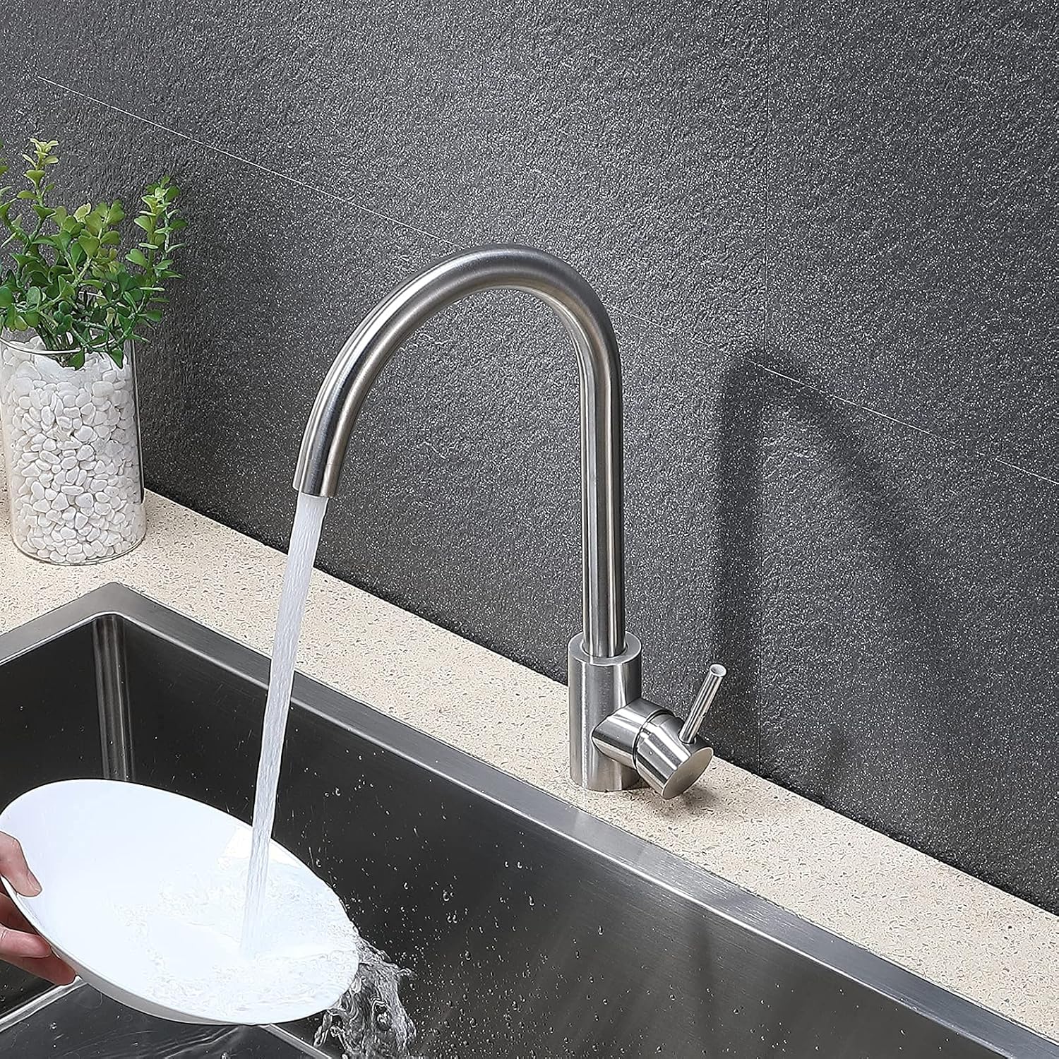 VAPSINT Single Handle Kitchen Faucet, Commercial Single Hole Brushed Nickel Bar Sink Faucet, High Arc Stainless Steel Kitchen Sink Faucets for Farmhouse RV Lavatory Bar Outdoor - Image 7