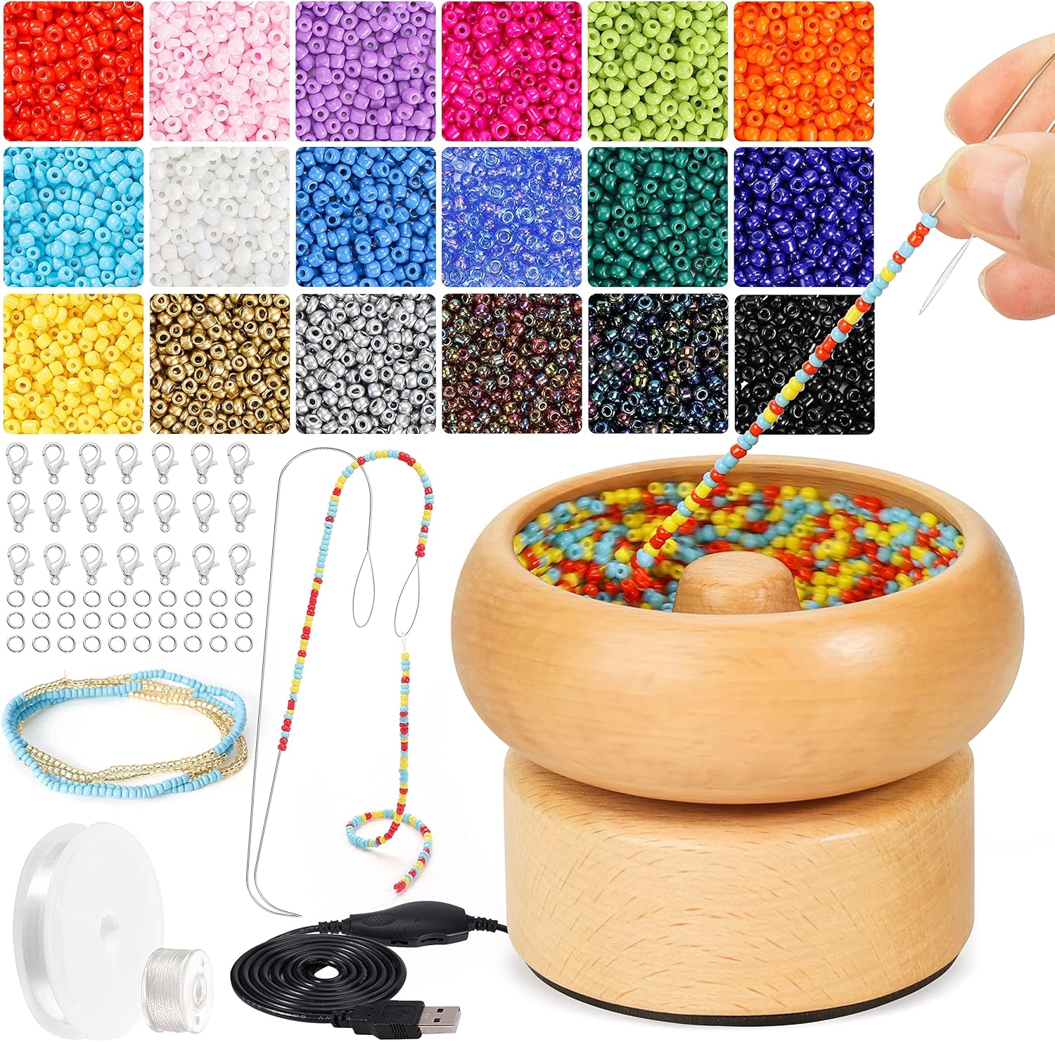 Tilhumt Electric Bead Spinner Kit with 18000 Beads 2 Beading Needles