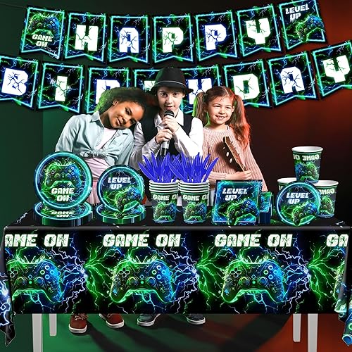 Miniatura 3 de Video Game Birthday Party Supplies,142pcs Neon Video Gaming Plates and Napkins Tableware Set Plastic Tablecloth for Boy Gamer Party Supplies