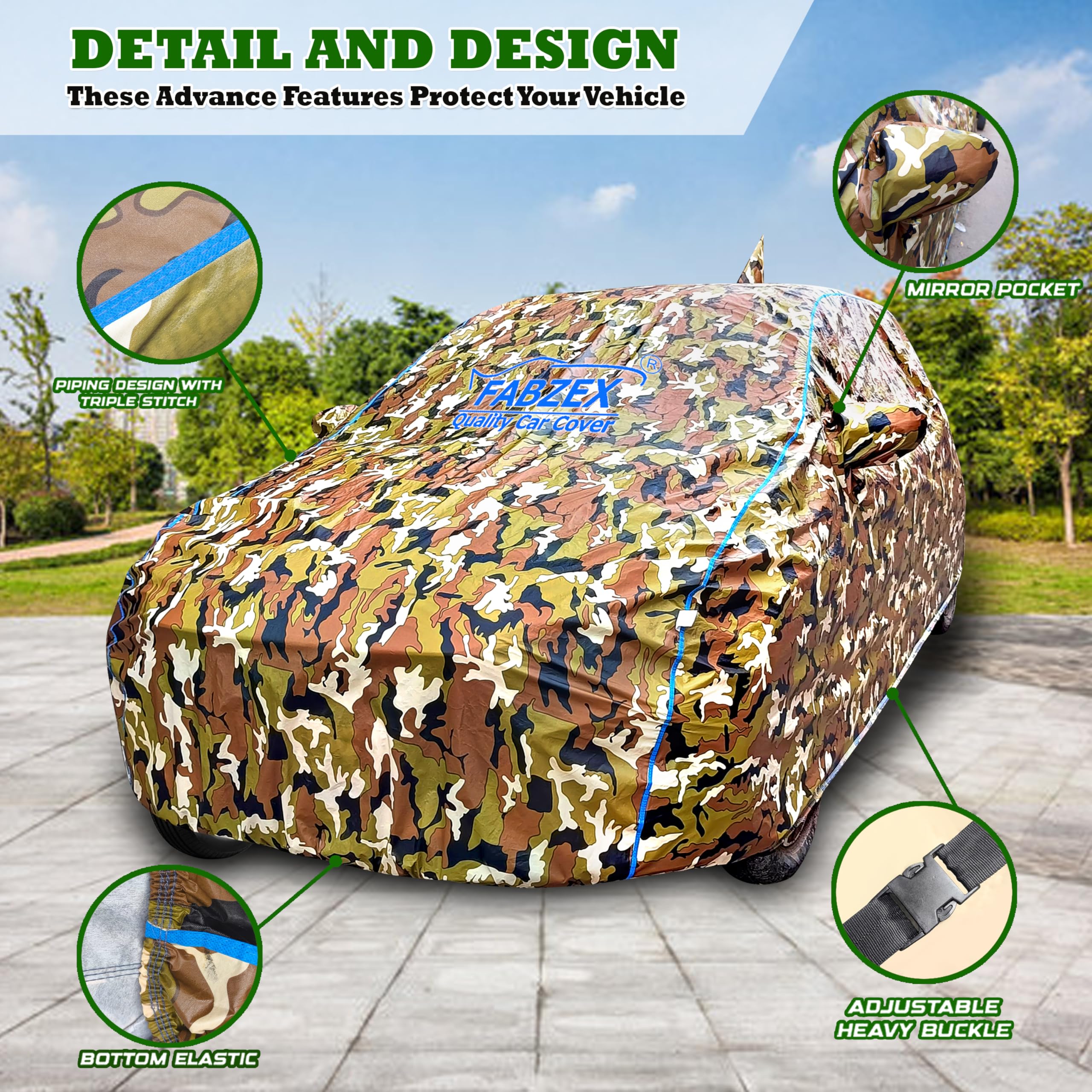 FABZEX Waterproof Car Body Cover Compatible for Mahindra XUV 3XO (2024 Model) with Mirror and Antenna Pockets, Triple Stitched,Bottom Elastic (Military Jungle Print, Camouflage Design)