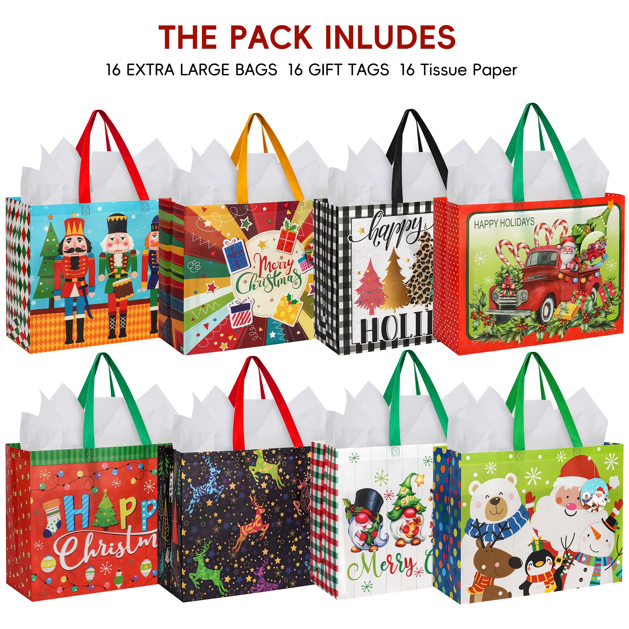 Grand Sacs Cadeau de Noël- Lot de 16 Sac de Cadeaux Noël en Non Tissé, Pochette Fourre-tout de Noel avec Poignées, Sacs à Courses Réutilisables pour Fournitures de Fête de Noël(42 X 33 X 16CM)