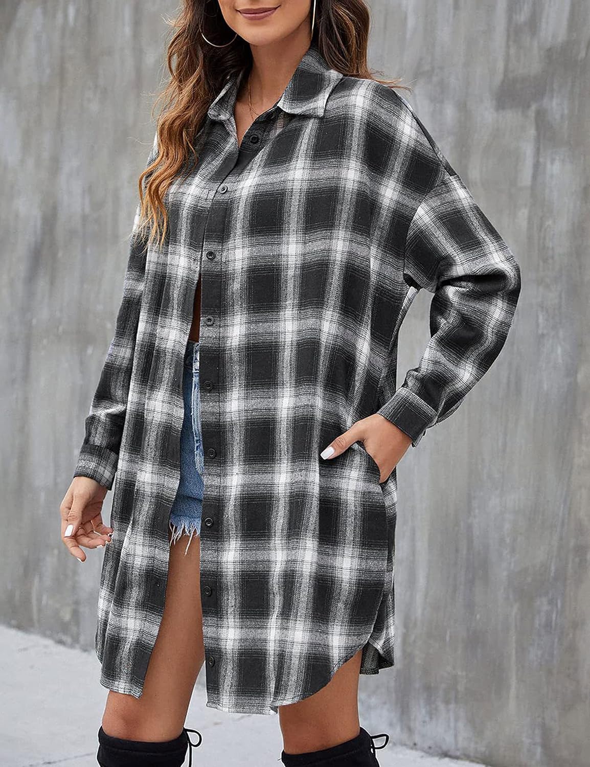 Bozanly Women's Oversized Button Down Long Plaid Flannel Shirts Lapel Long Sleeve Check Jacket Shacket - Image 2