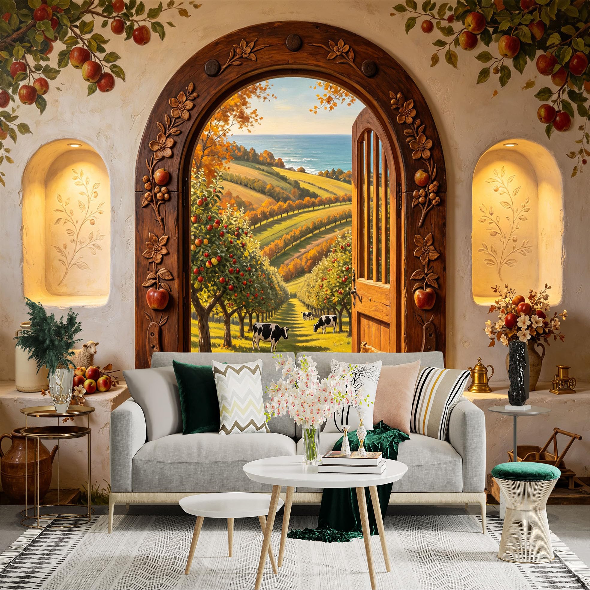 Custom Size Wall Sticker Mural， Rustic Farmhouse Orchard Path and Countryside Landscape， for wall Decoration， peelandstick wall Decals.