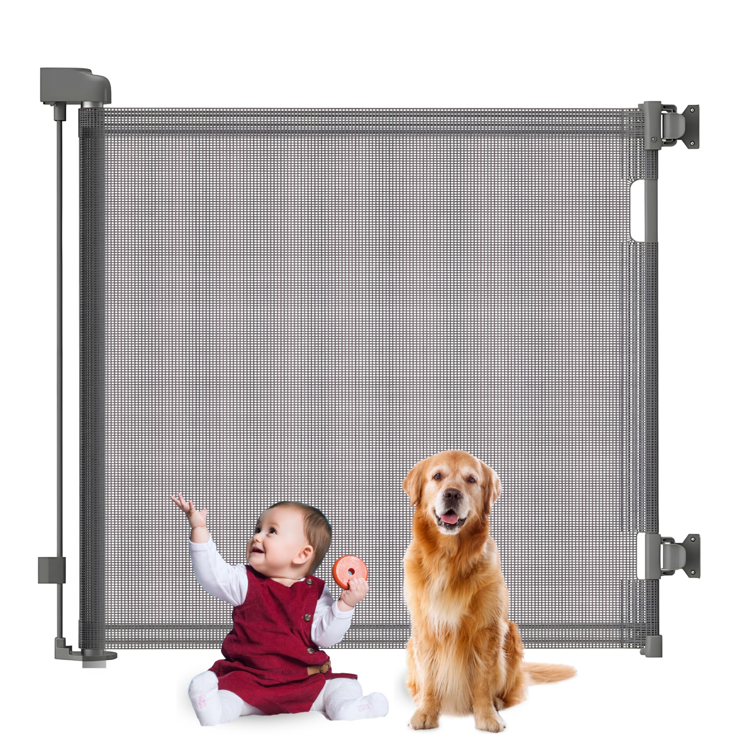 ReliantPro Baby gate, Retractable Stair Gate for Dogs, 86cm Tall, Extends up to 55inch, Stair Gate for Dogs & Babies, Dog Gate for stairways and Hallways with Baby on Board Sticker (Grey, 140 cm)