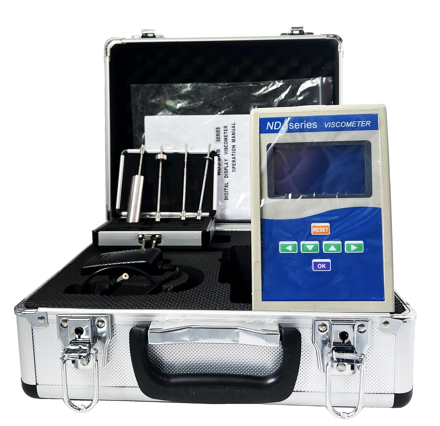 The CNYST NDJ Series Digital Rotary Viscometer main unit and rotor set in their protective carrying case.