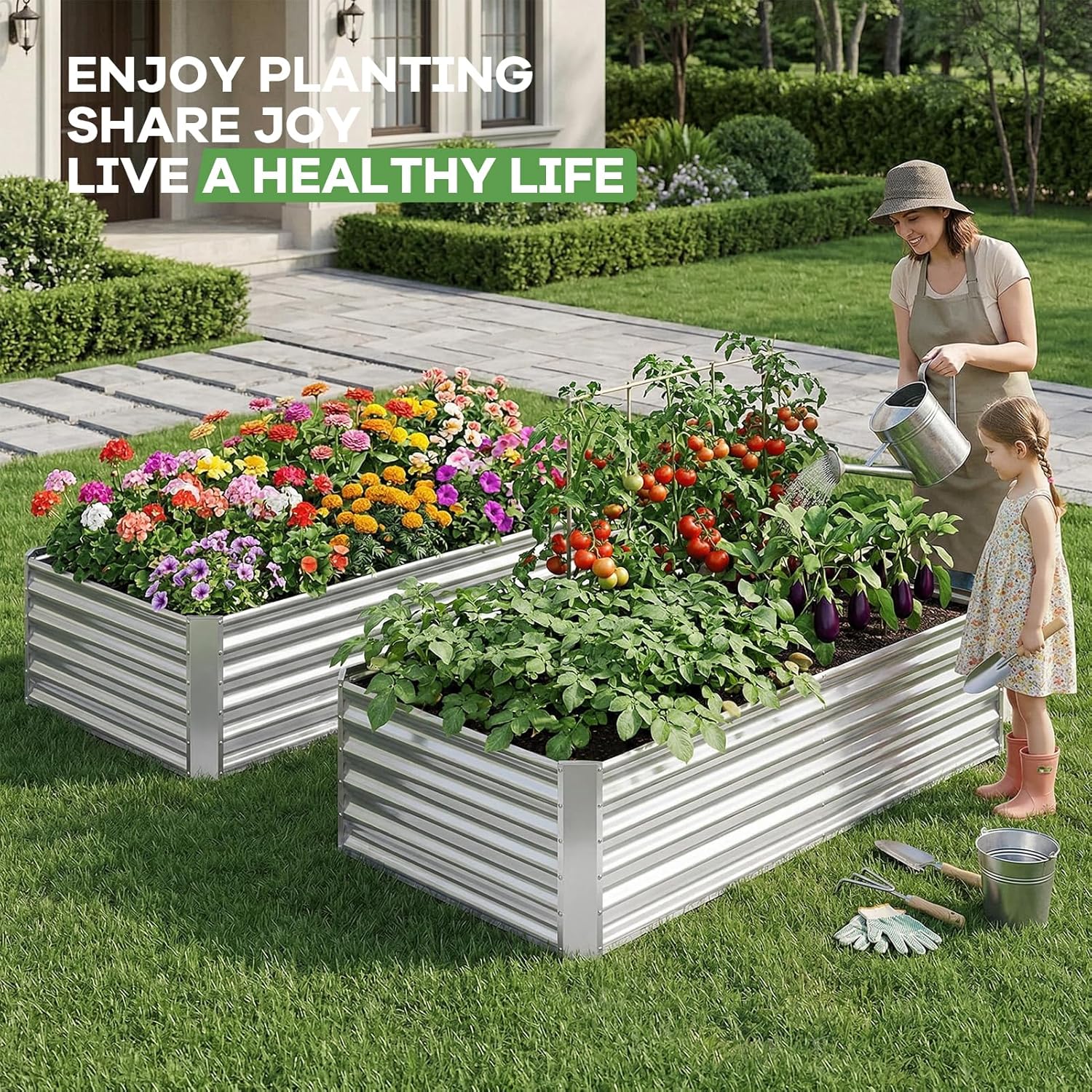 Galvanized Raised Garden Bed Kits, Metal Planter Box Outdoor, 8x4x1.4ft Rectangular Steel Planter Bed for Vegetables, Fruits, Flowers, Herbs(Silver)