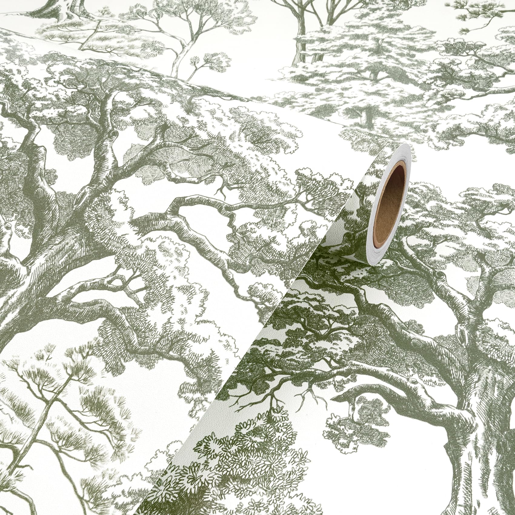 Livelynine Carta da Parati Toile de Jouy Verde Grigio Chiaro 44.5CMx7M Carta Adesiva per Pareti disegni Fantasia Bosco Alberi Grigio Bianco Rivestimento Adesivo per Mobili Fantasia Foresta Piante