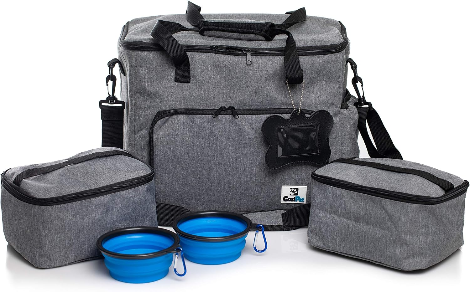 CoziPet Pet Travel Bag Tote for Dog or Cat with 2 Food Carriers and 2 Collapsible Bowls (Gray)
