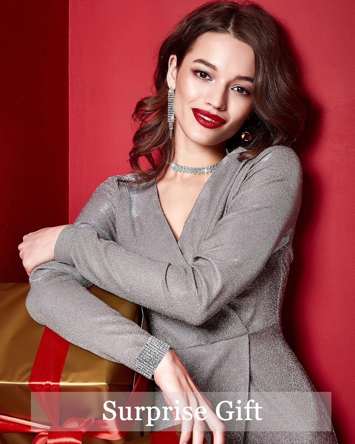 4 Pcs Rhinestone Clutch Purse Jewelry Set Silver Evening Bags with Silver Crystal Choker Necklace, Stretch Bracelets, Tassel Drop Earrings and Shiny Purse for Women Evening Party - Image 7