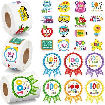ملصق BeYumi 100 Days Smarter - 1200 قطعة من ملصقات اليوم المائة من المدرسة في 3 لفات لشعار 100 Days Smarter للأطفال ملصق مكافأة المعلم ملصق فينيل مقاوم للماء للحفلات المدرسية وديكورات الهدايا