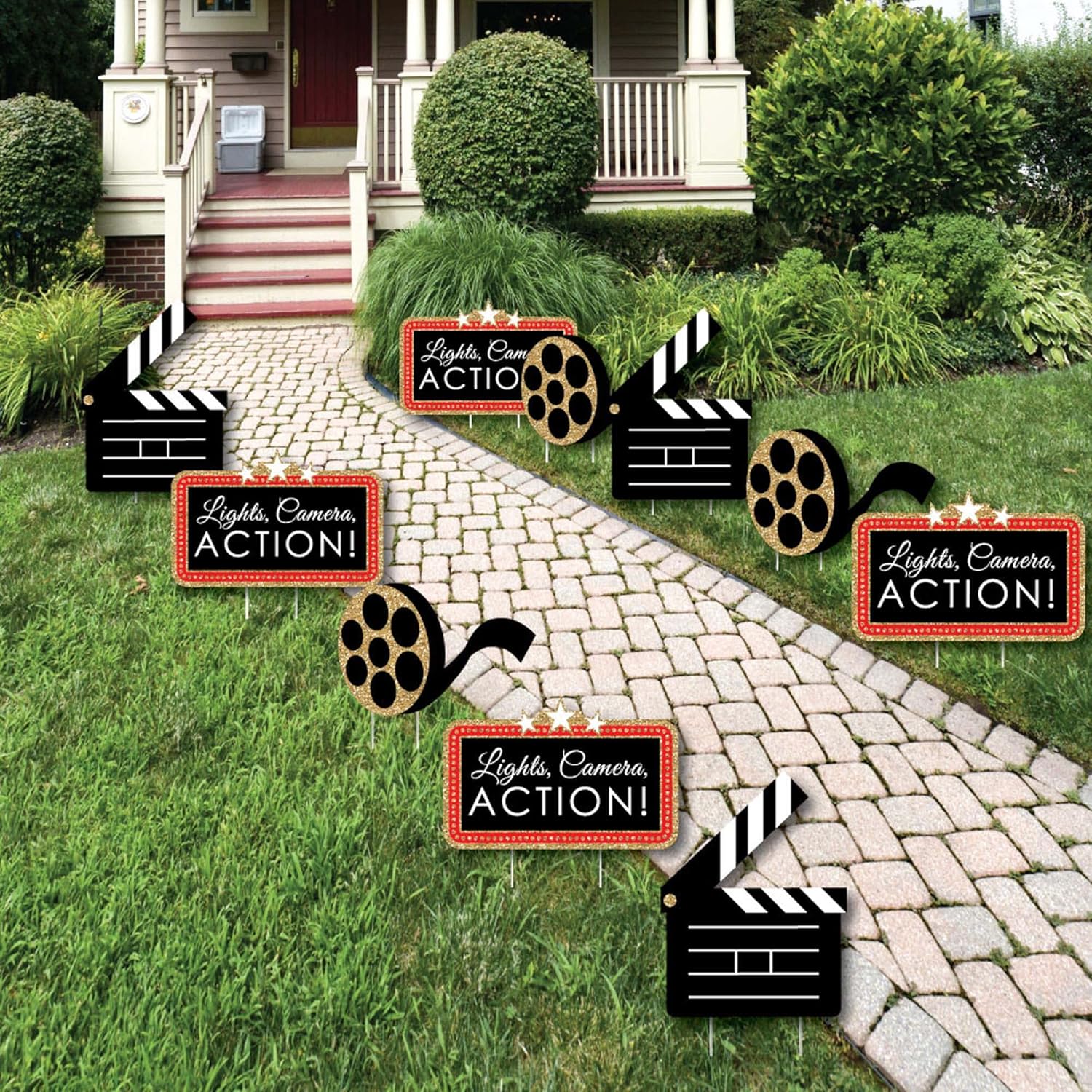 Big Dot of Happiness Red Carpet - Clapboard and Film Reel Lawn Decorations - Outdoor Movie Night Party Yard Decorations - 10 Piece