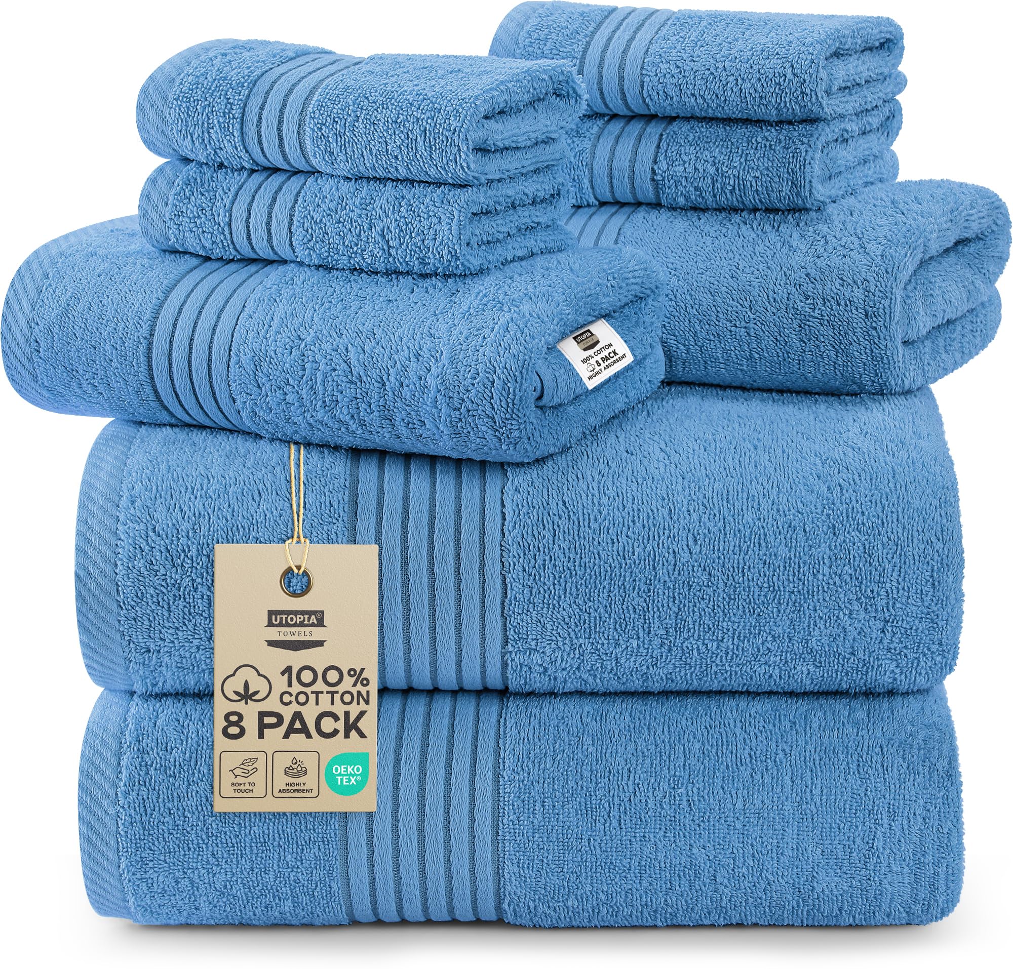 Utopia Towels 8 Piece Premium Towel Set, 2 Bath, 2 Hand, and 4 Washcloths, 100% Ring Spun Cotton, Highly Absorbent Towels for Bathroom, Sports, and Hotel, Electric Blue