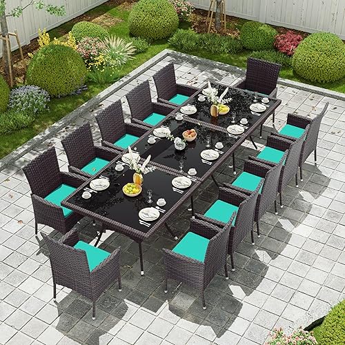 Kullavik Juego de 15 muebles de comedor para exteriores, juego de muebles de ratán para patio, mesa de comedor y sillas con 12 sillas y cojines,