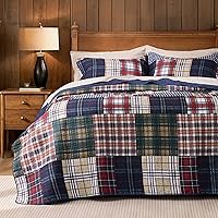 PPOLCA Patchwork Queen Quilt Set - Reversible Plaid Navy Blue Lightweight Bedspread Coverlet with 2 Pillow Shams, All-Season 3-Piece