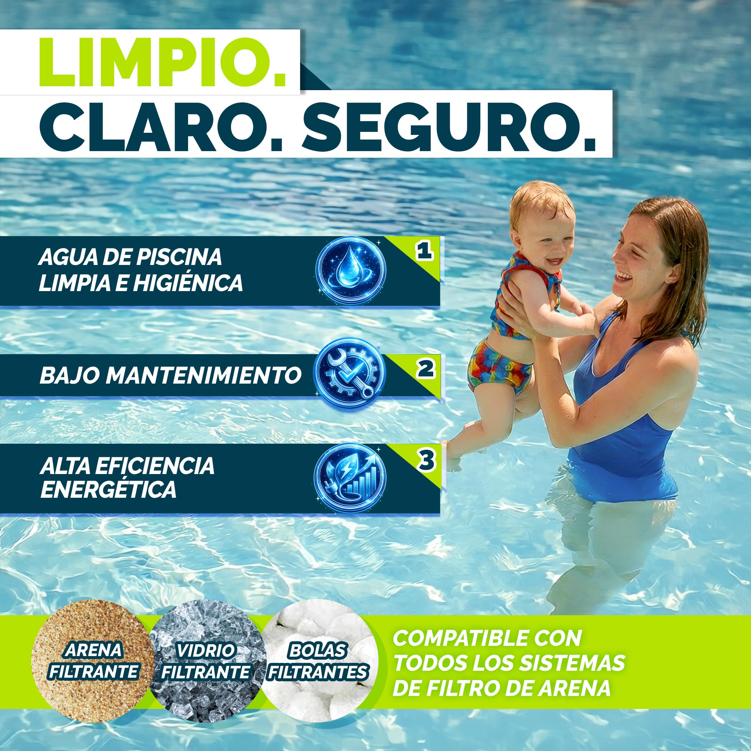 tillvex Depuradora de Agua para Piscina 7.900L/h + 400g Bolas de Filtro | 7 Funciones de Filtrado & Adaptador Ø32-38mm | Filtro de piscina con indicador de presión (Azul)