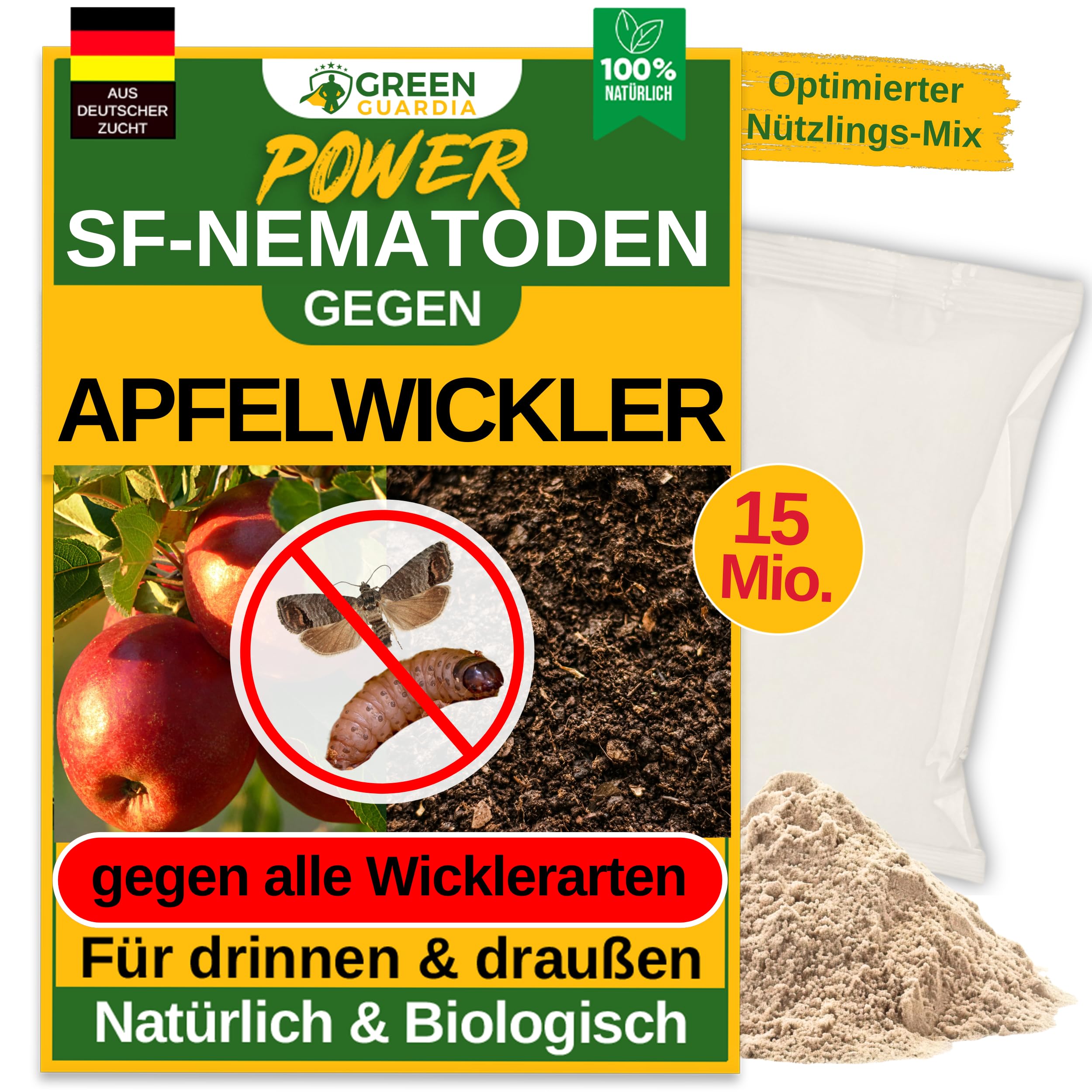 GREEN GUARDIA Super SF-Nematoden gegen Apfelwickler – 15 Mio. für 30m² - Biologisches Mittel zur effektiven Ameisen Bekämpfung – Umweltfreundlich, chemiefrei, einfache Anwendung