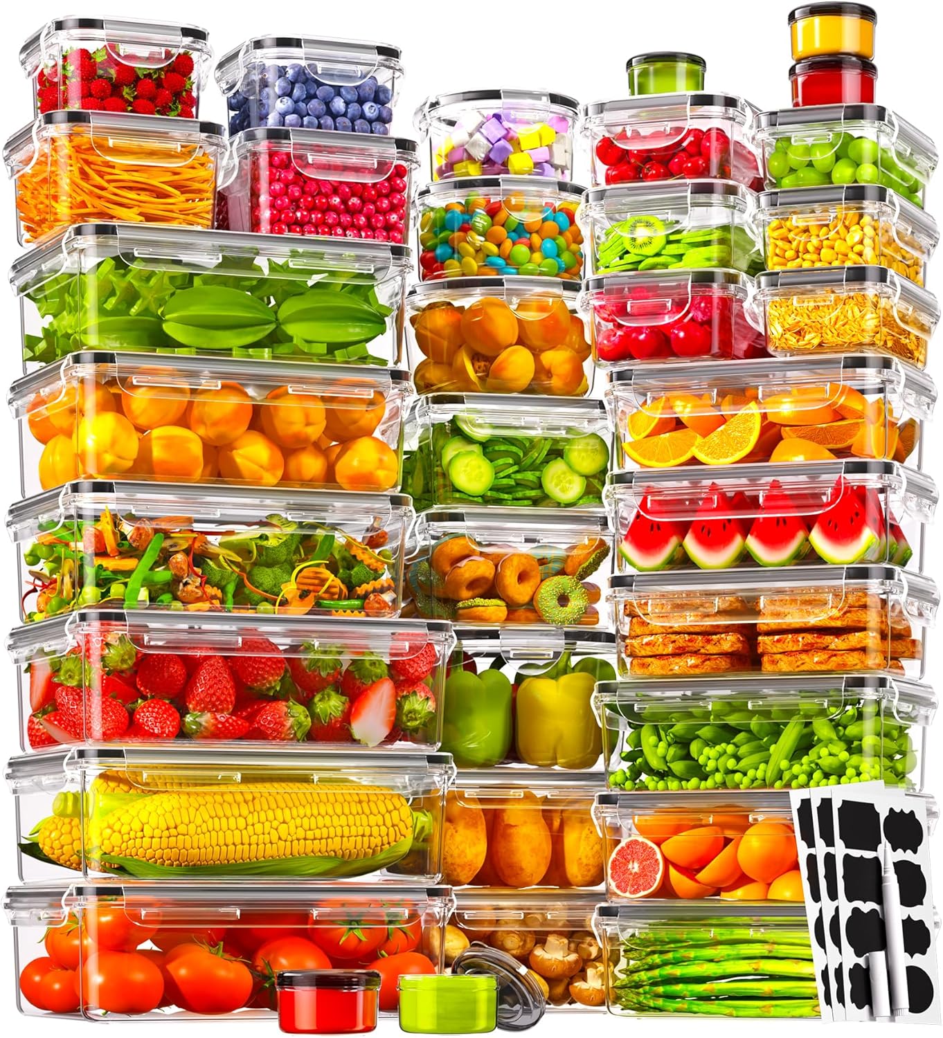 70 PCS Food Storage Containers with Lids(35 Containers & 35 Lids), BPA-Free Plastic Food Containers for Kitchen Storage, Leak Proof, Reusable Meal Prep Containers with Labels & Pen