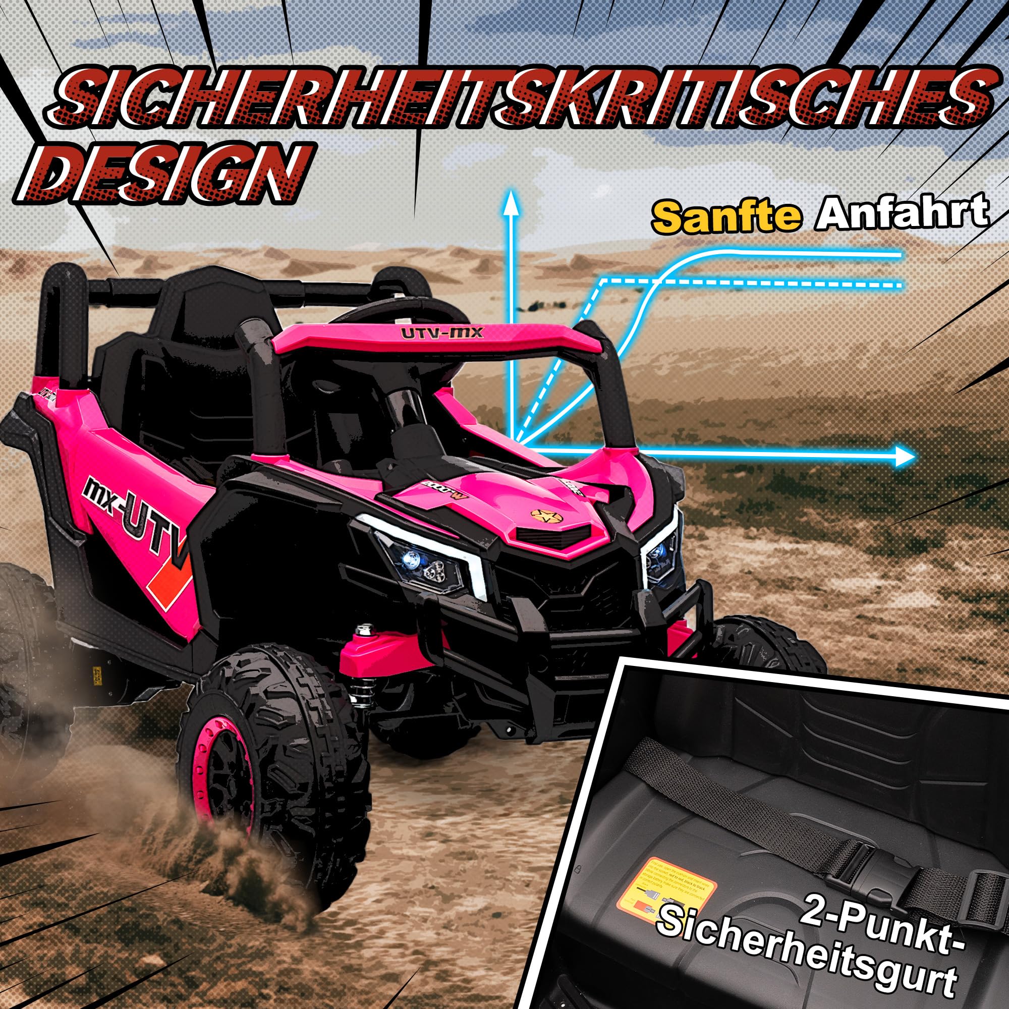 AIYAPLAY Samochód elektryczny dla dzieci 12 V, UTV z pilotem zdalnego sterowania 2,4 GHz, 2 silniki, pojazd dziecięcy z cichym startem, system zawieszenia, diody LED, muzyka, złącze USB, klakson dla 3
