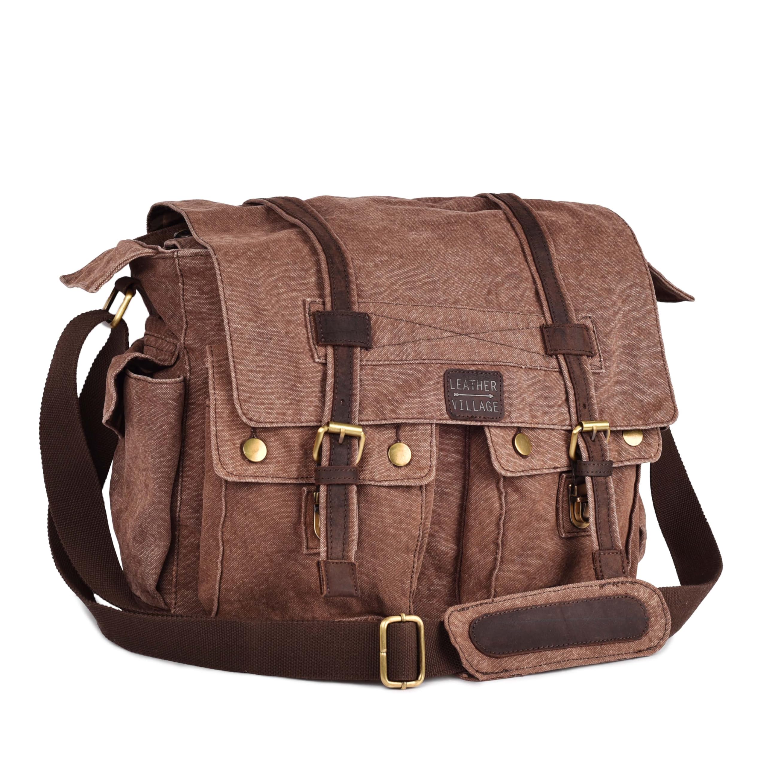 LEATHER VILLAGE Canvas Messenger Shoulder Bag for Men Women Stylish Crossbody Satchel for Office Travel Daily Use