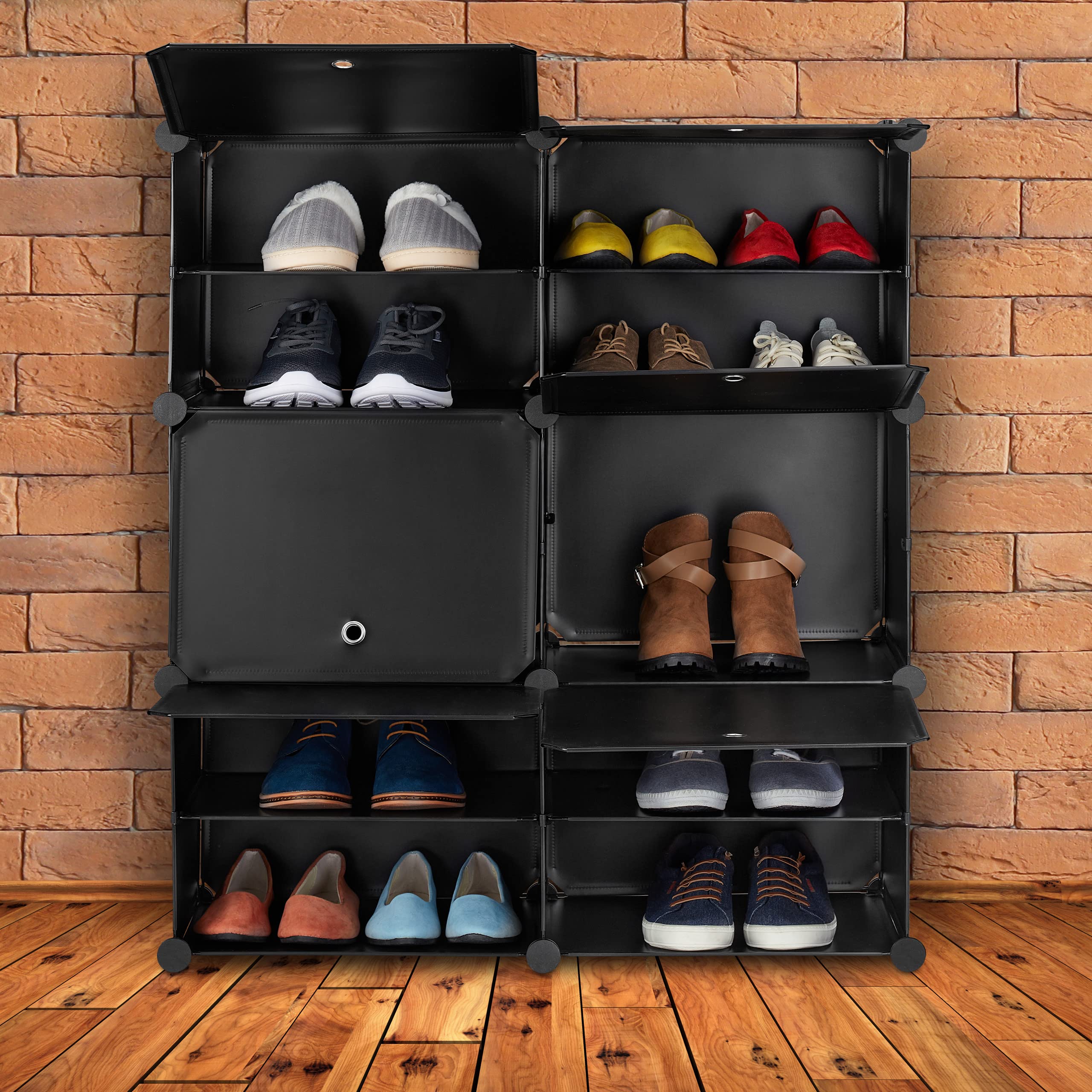 Relaxdays Mueble Zapatero Modular, Organizador Zapatos con Puertas, 95x85x31,5 cm, 12 Compartimientos, Plástico, Negro