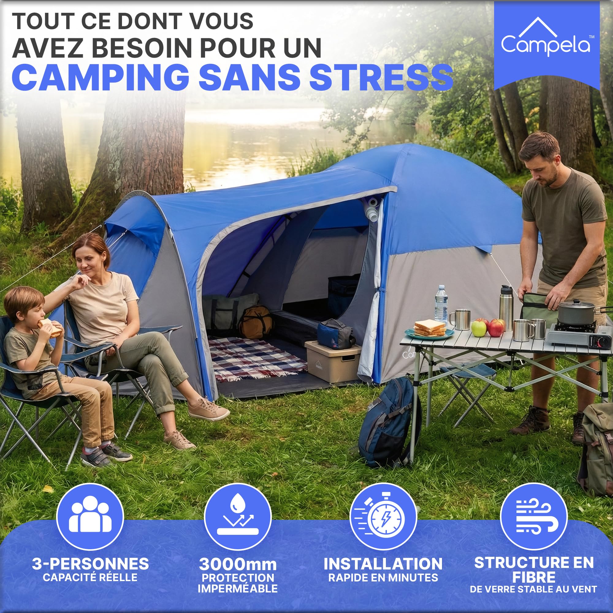 Tente igloo 3 personnes étanche à montage rapide - Tente igloo légère et compacte avec moustiquaire - Haute pour hiver, trekking, festival, vacances, camping