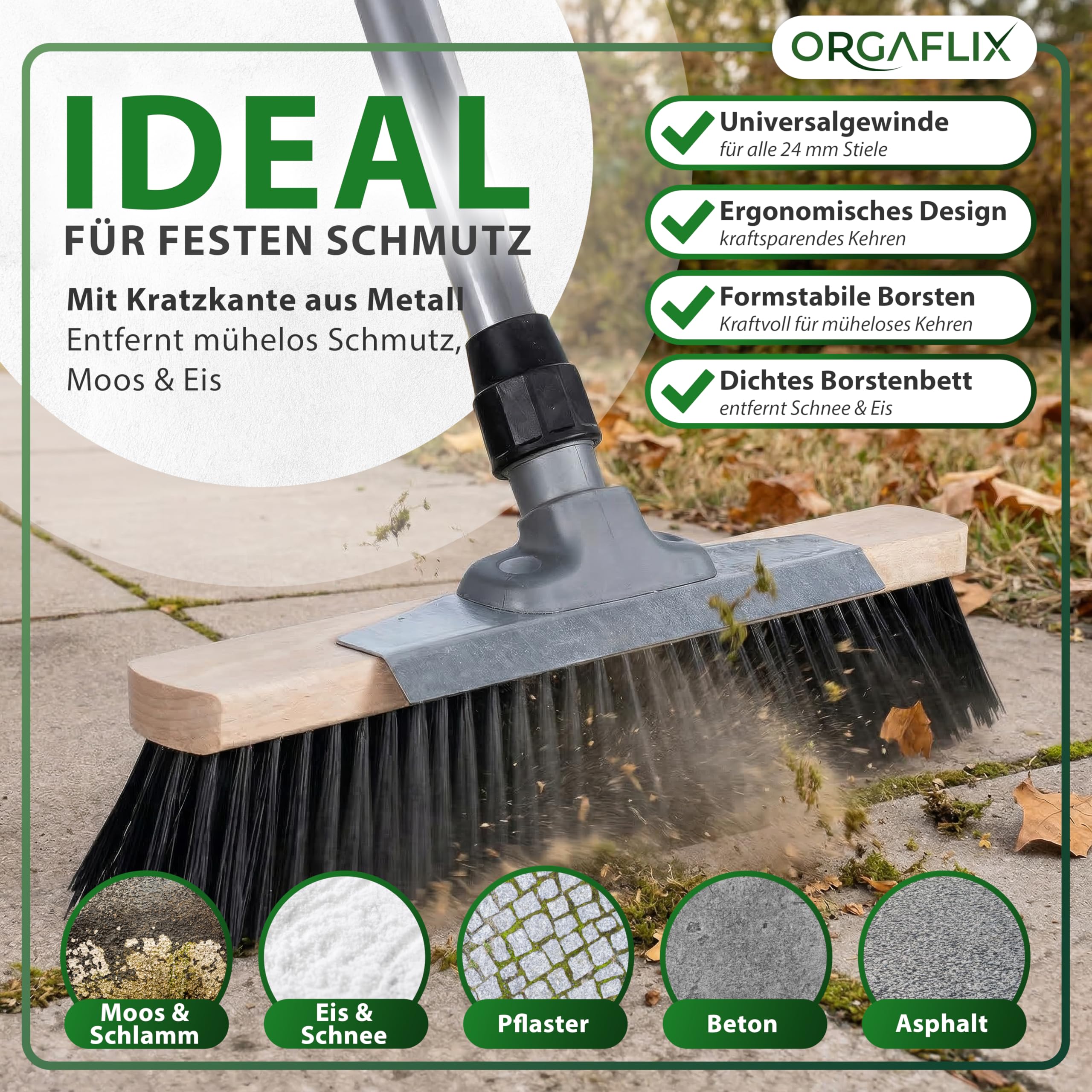 ORGAFLIX Straßenbesen mit Stiel 40cm, Gartenbesen mit Schabekante und Elastonborsten für hartnäckigen Schmutz, Erde, Kies, Kehrbesen für Außenbereiche, aus Deutscher Herstellung, Stiel aus Italien