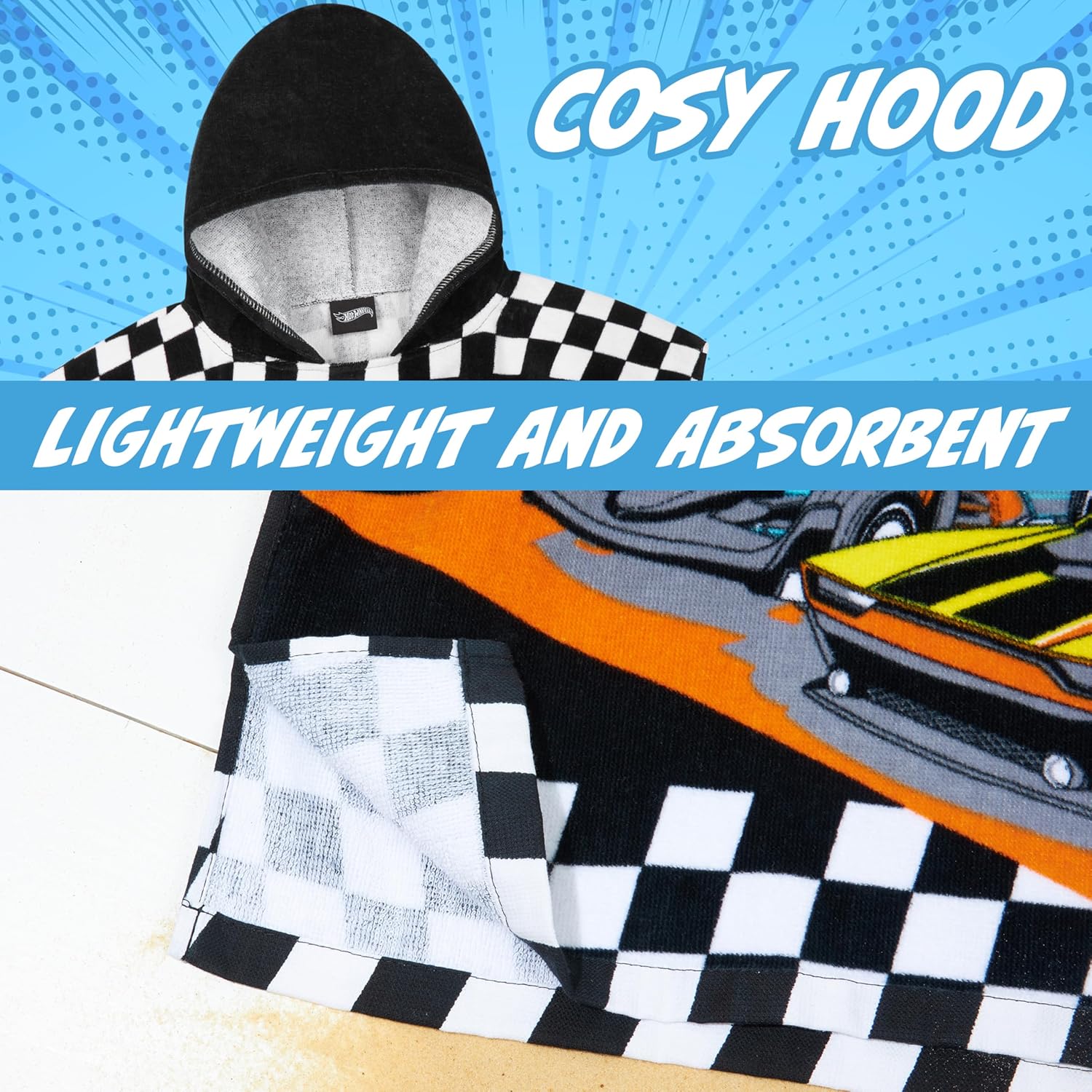 Get Trend Hot Wheels Towels for Kids Hooded Bath Towel Poncho Absorbent Pool Beach Shower Cotton Swim Towel Travel Essentials (Black Hot Wheels, 3-7 Years)