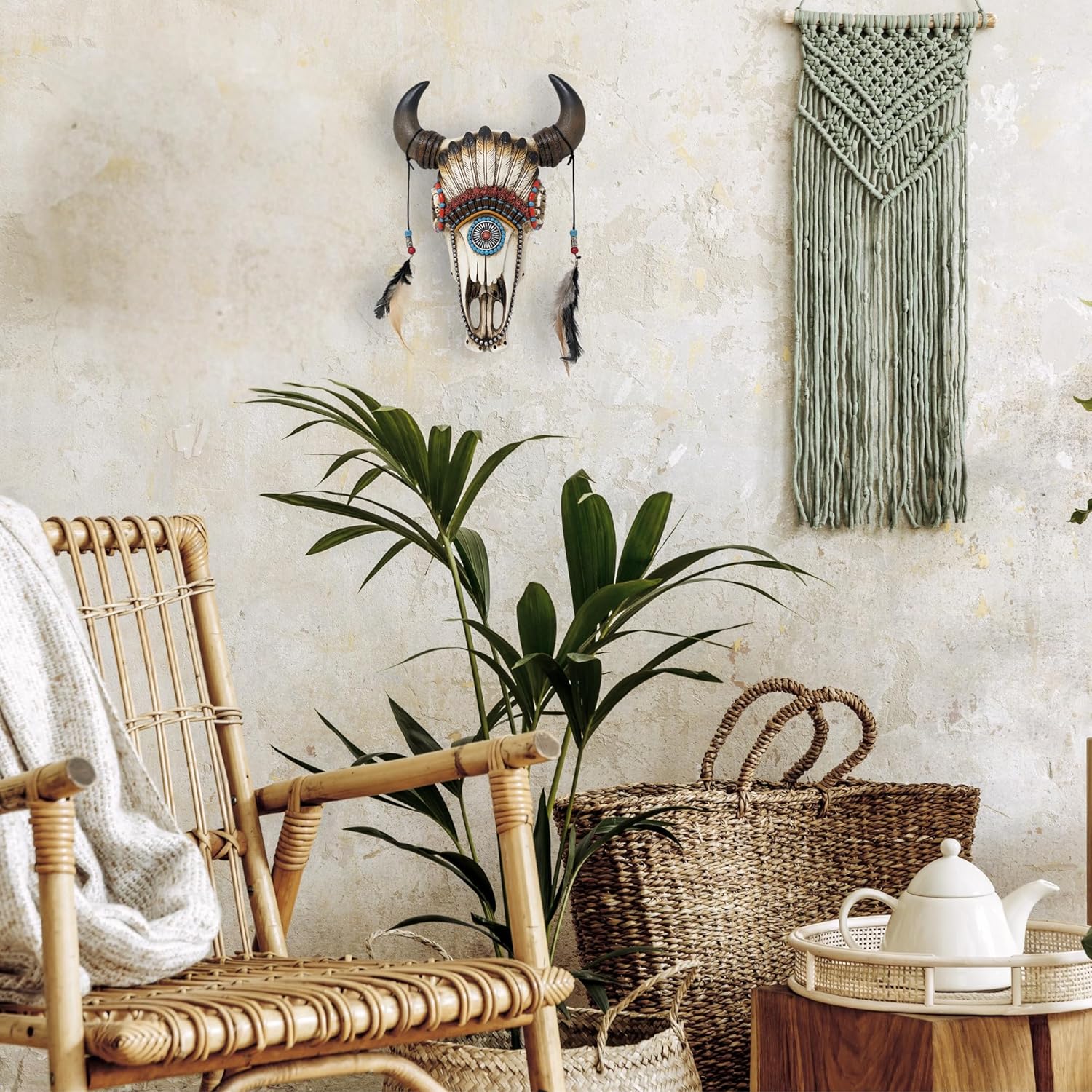 AMAJY Southwest Faux Bull Skull Wall Decor with Feather Headdress – Rustic Resin Western Art for Home Cabin or Lodge Boho Native American Style Decorative Sculpture Unique Cow Accent Piece