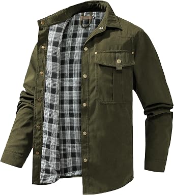 INVACHI Mens Flannel Lined Shirt Jacket Button Western Jacket Rugged Outdoor Cowboy Shirts Jackets with Pockets