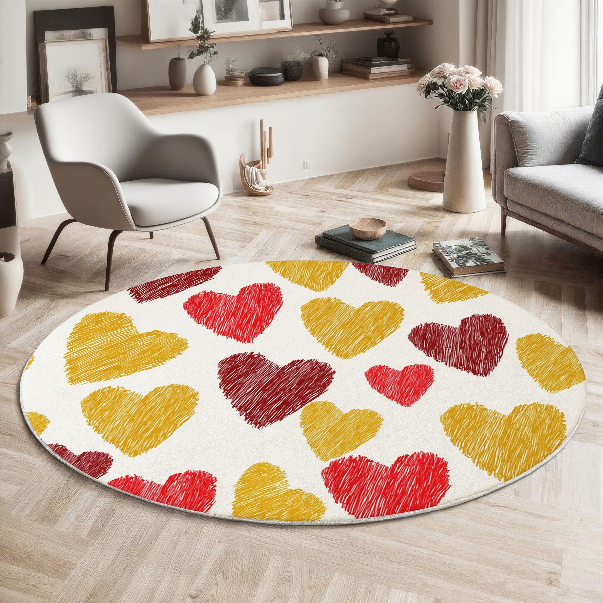 Teppich Rund 120cm Buntstiftmalerei rutschfest Teppiche Liebe Herz Clipart Waschbar Wohnzimmerteppich Kurzflor Weich Runder Teppich Senfgelb for Schlafzimmer Studie Heimbüro