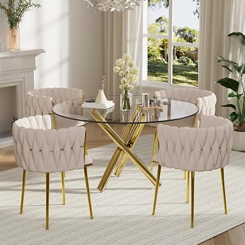 5 Pieces Modern Round Glass Dining Table Set, Clear Circular Glass Top Dinner Room Set, 47 Gold Luxury Circle Kitchen Table Set for 4, Ivory Woven Chairs Set, for Large Place Home
