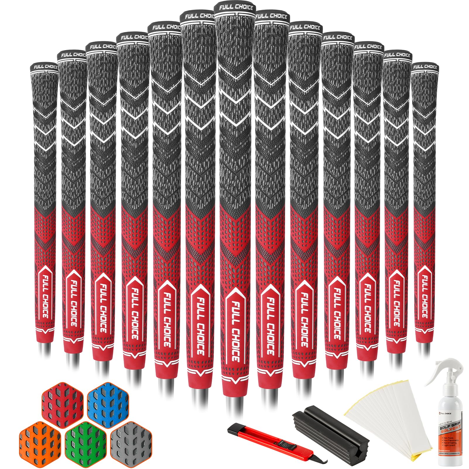 Full Choice Cross Corded Golf Grips 13 Pack with All Kits, Low Taper Design, 3 Sizes 4 Colors Options, Multi-compound Hybrid Golf Club Grips, CG01 Series, Red, Standard Size