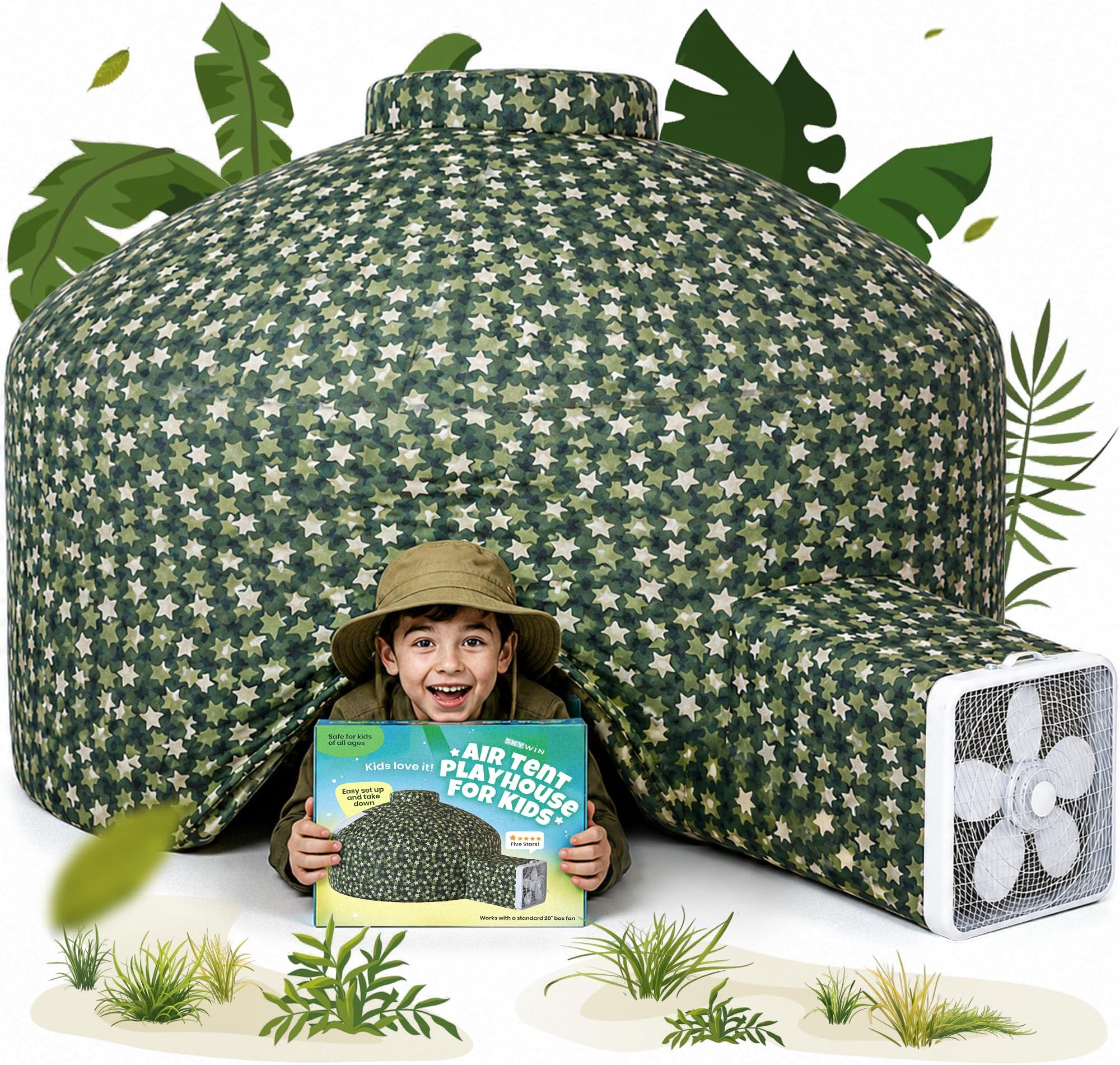 Air Tent for Kids, Toddler Tents Indoor 77 x 50 in - Forest Fort | Inflates in 30 Sec, Breathable Fabric, Spacious Interior, Folds into Bag, Imaginative Kids Forts Indoor, Box Fan Not Included