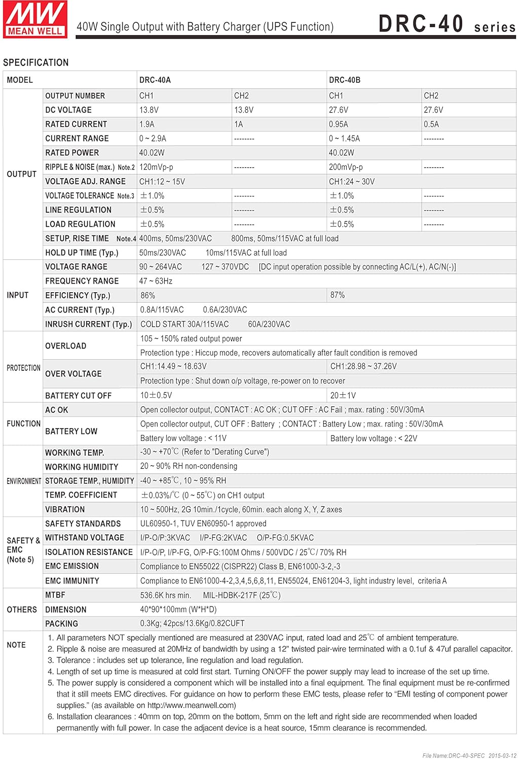 MEAN WELL DRC-40B 27.6V 0.95A 0.5A 40.02W Single Output with Battery Charger (UPS Function) Security Series