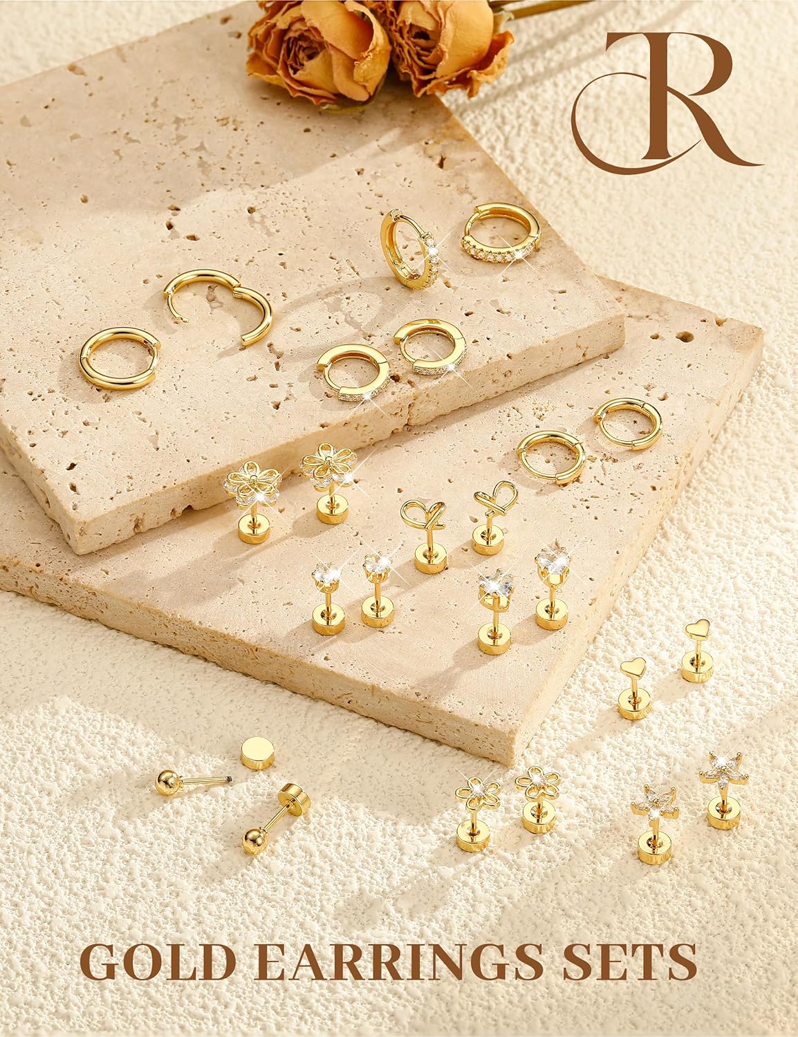 Hypoallergenic Gold Stud Earrings for Women - 14k Gold Plated Surgical Stainless Steel Flat back Earrings Set Small Huggie Hoop Flatback Earring for Sensitive Ears Screw Back Cartilage Piercing Jewelry - Image 7