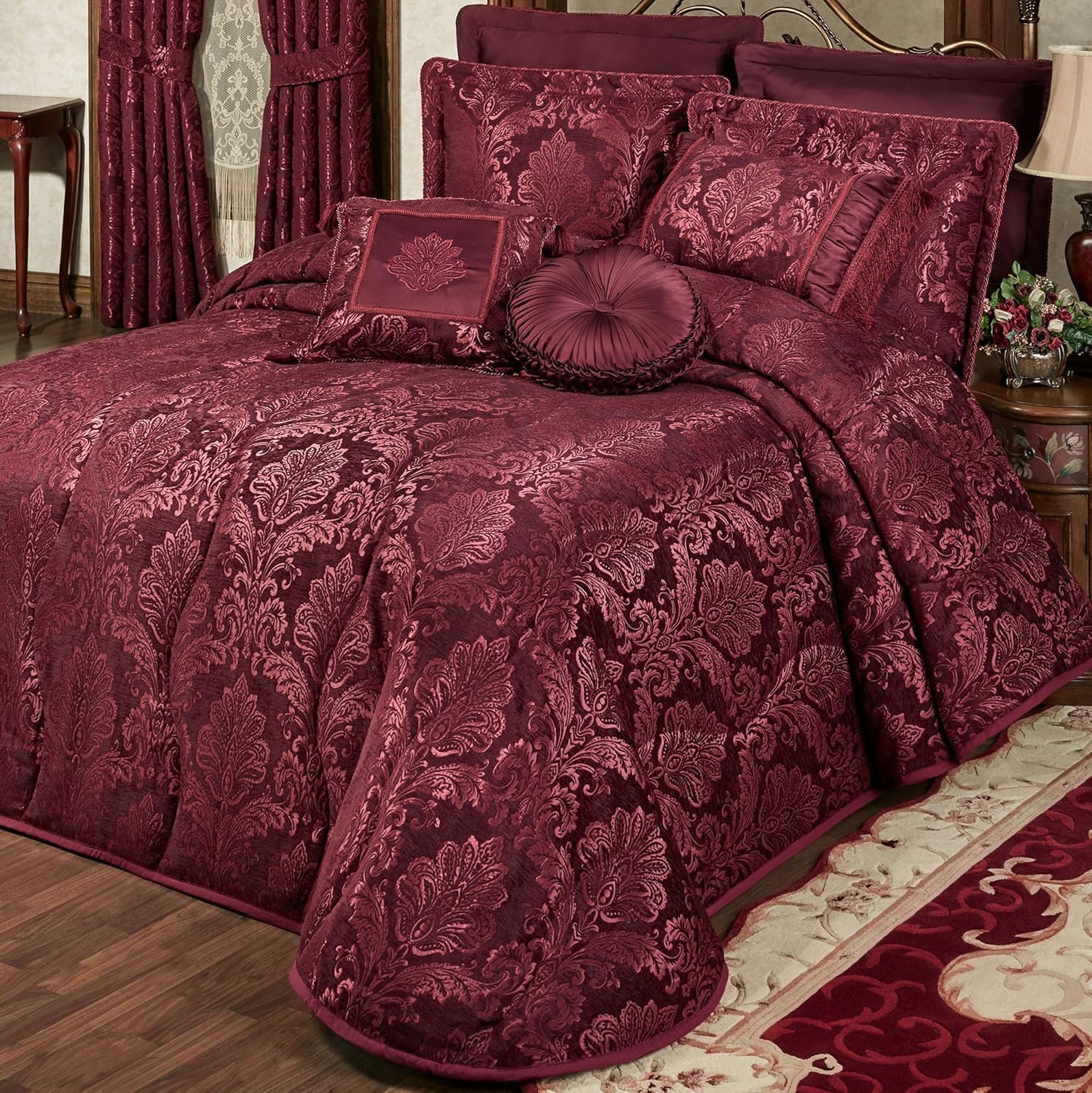 Touch of Class Camelot Luxury Bedding | Robust Burgundy | Matte Satin Damask on Richly Textured Jacquard-Woven Chenille | Designed 3 Piece Set Includes Queen Quilted Bedspread & 2 Standard Shams