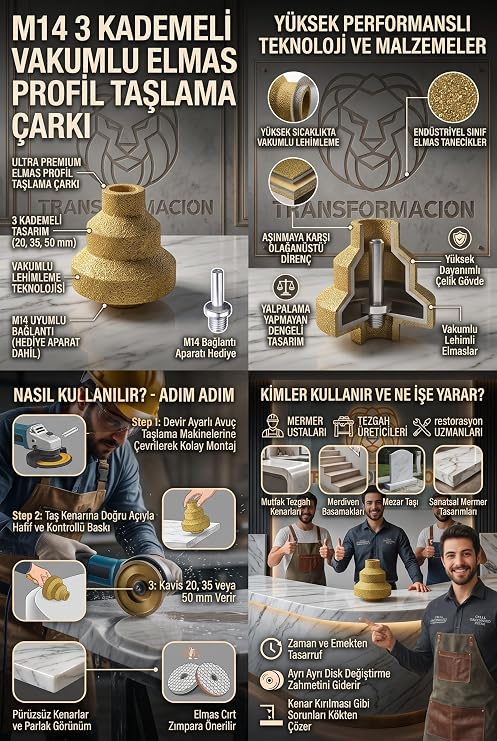 Transformacion Mermer Granit Seramik İçin 3 Kademeli Vakumlu Elmas Profil Taşlama Çarkı 20-35-50 mm M14 Uyumlu 723577