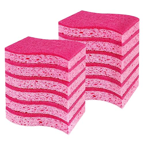 12 Pack Non-Scratch Kitchen Sponges, S-Shaped Pink Dish Sponges for Kitchen | Biodegradable Cellulose & Non-Scratch Scrubber, Household Gentle Cleaning Sponges for Pots Pans Stemware Porcelain Bathroom