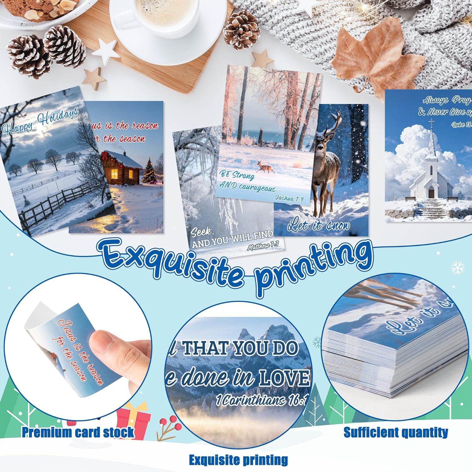 BeYumi Winter Religious Prayer Cards - 200Pcs Winter Christmas Pocket Wallet Cards Bulk with Bible Verses Inspirational Words Faith Greeting Cards for Gifts Party Sunday School Church Holiday Decor - Image 3