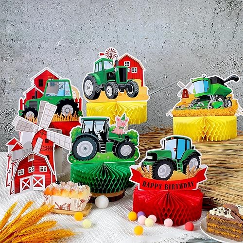 Miniatura 4 de 9 piezas de centro de mesa de nido de abeja de tractor, decoración de fiesta de cumpleaños con temática de tractor verde de granja, decoración de