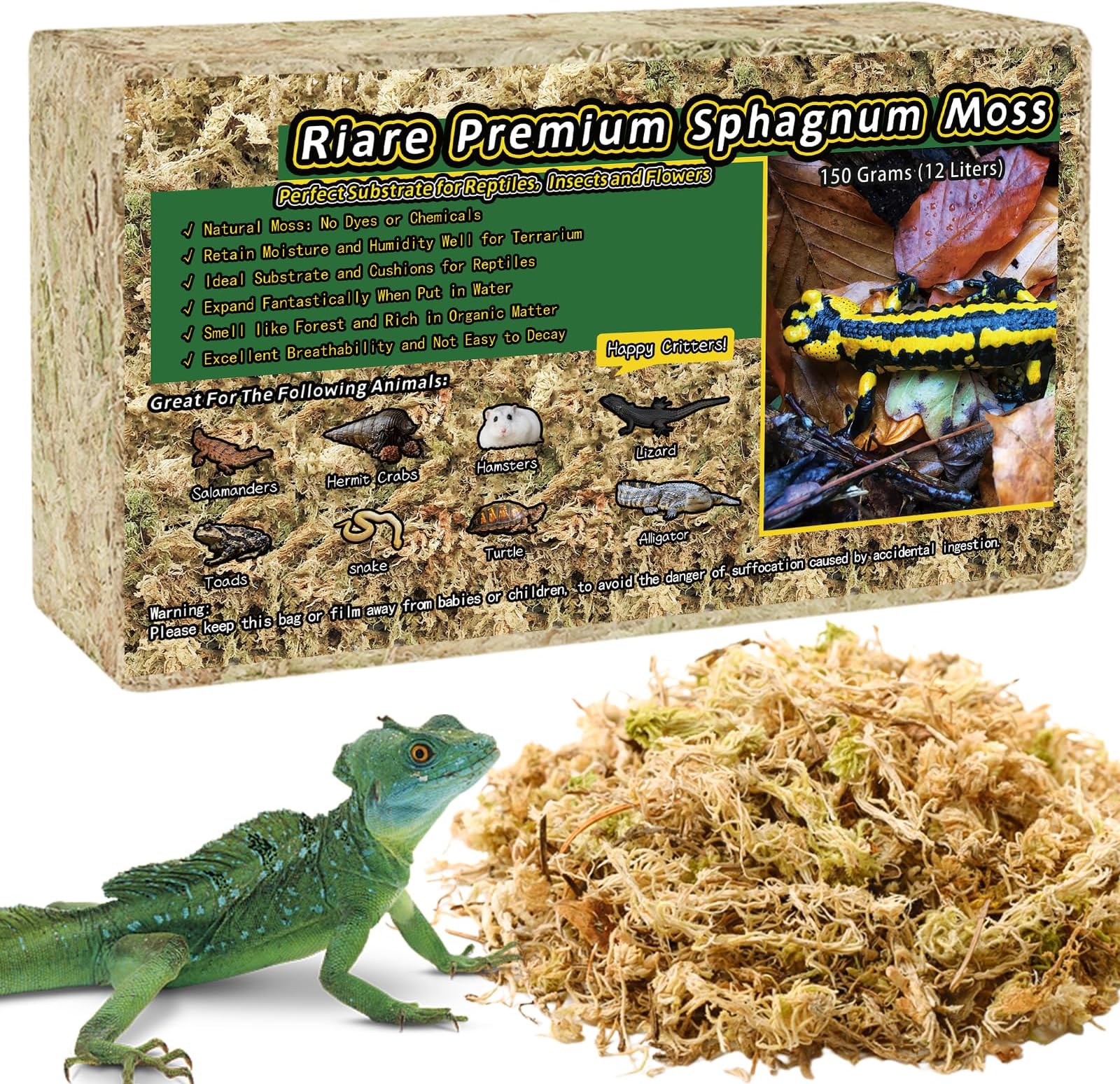 Riare 5.3OZ Premium Sphagnum Moss for Reptiles- 6QT Natural Reptile Moss Dried, Forest Live Moss for Terrarium, Frogs Snake Peat Moss Bedding for Leopard Gecko Turtle Anoles Salamanders Orchids