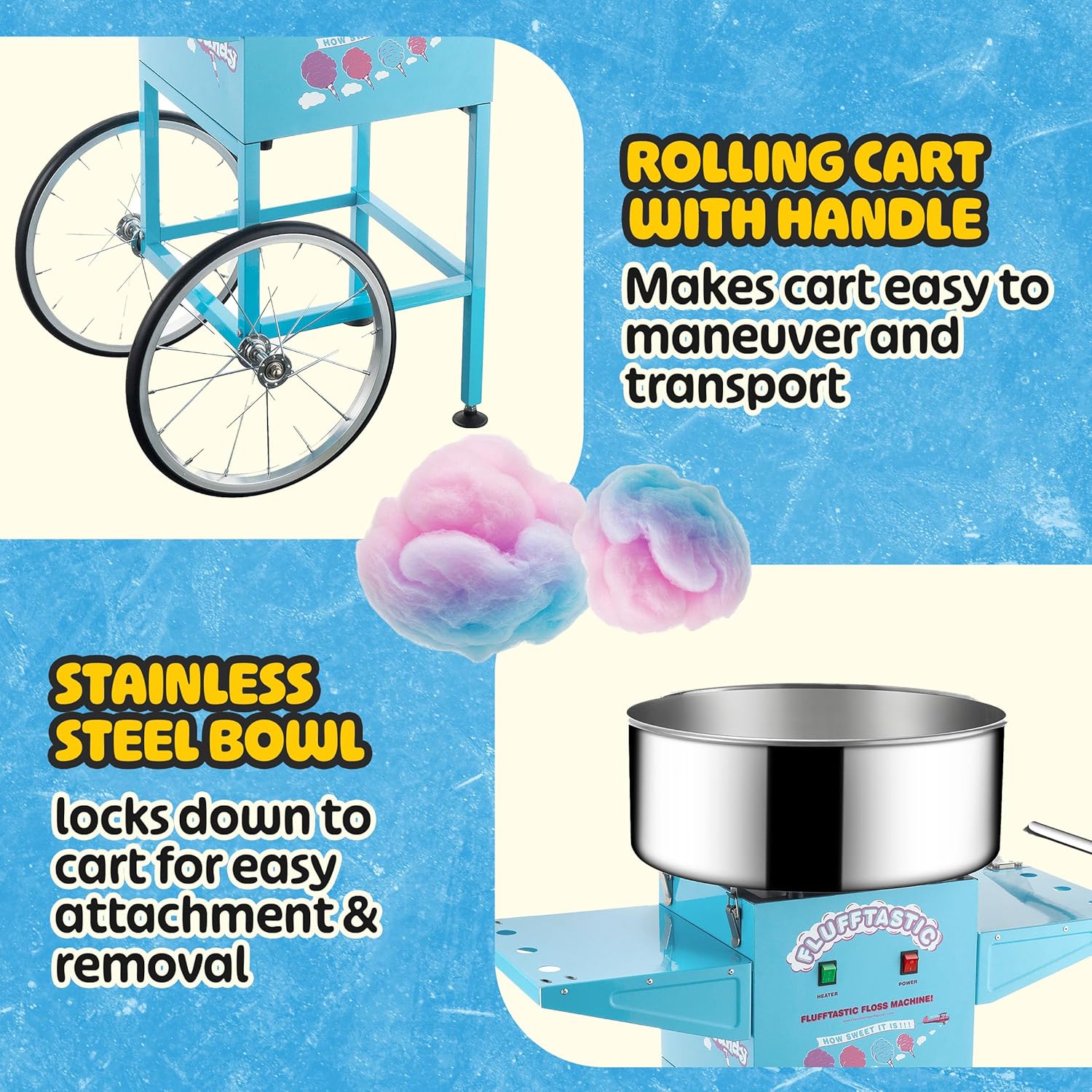 Cotton Candy Machine – Flufftastic 1000W Floss Maker with Cart, 13-Inch Wheels, Dome Shield, and Stainless-Steel Pan by Great Northern Popcorn (Blue), 36" x 20.5" (83-DT6038)