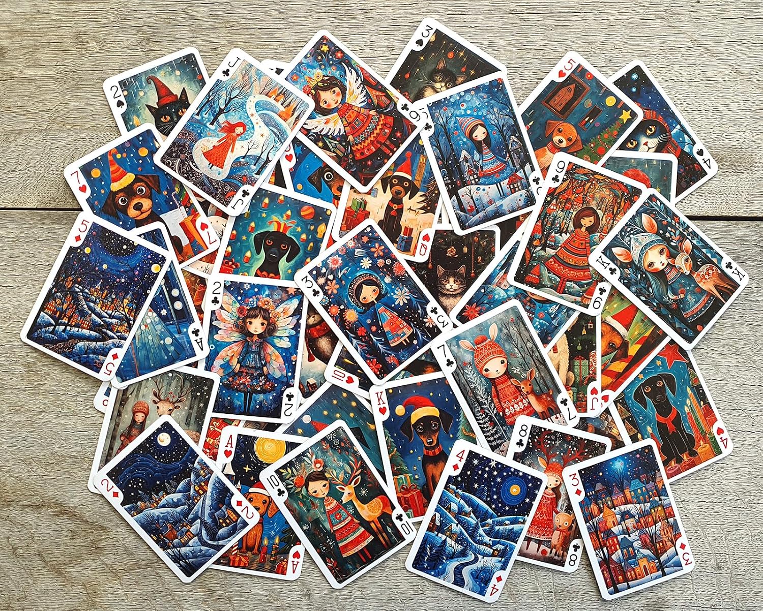 Fairytale Christmas Playing Cards (Poker Deck 54 Cards All Different) Naïve Art Adorable Christmas Girls Fairies Dogs and Cats Wintery Landscapes Vintage Kids Book Illustration