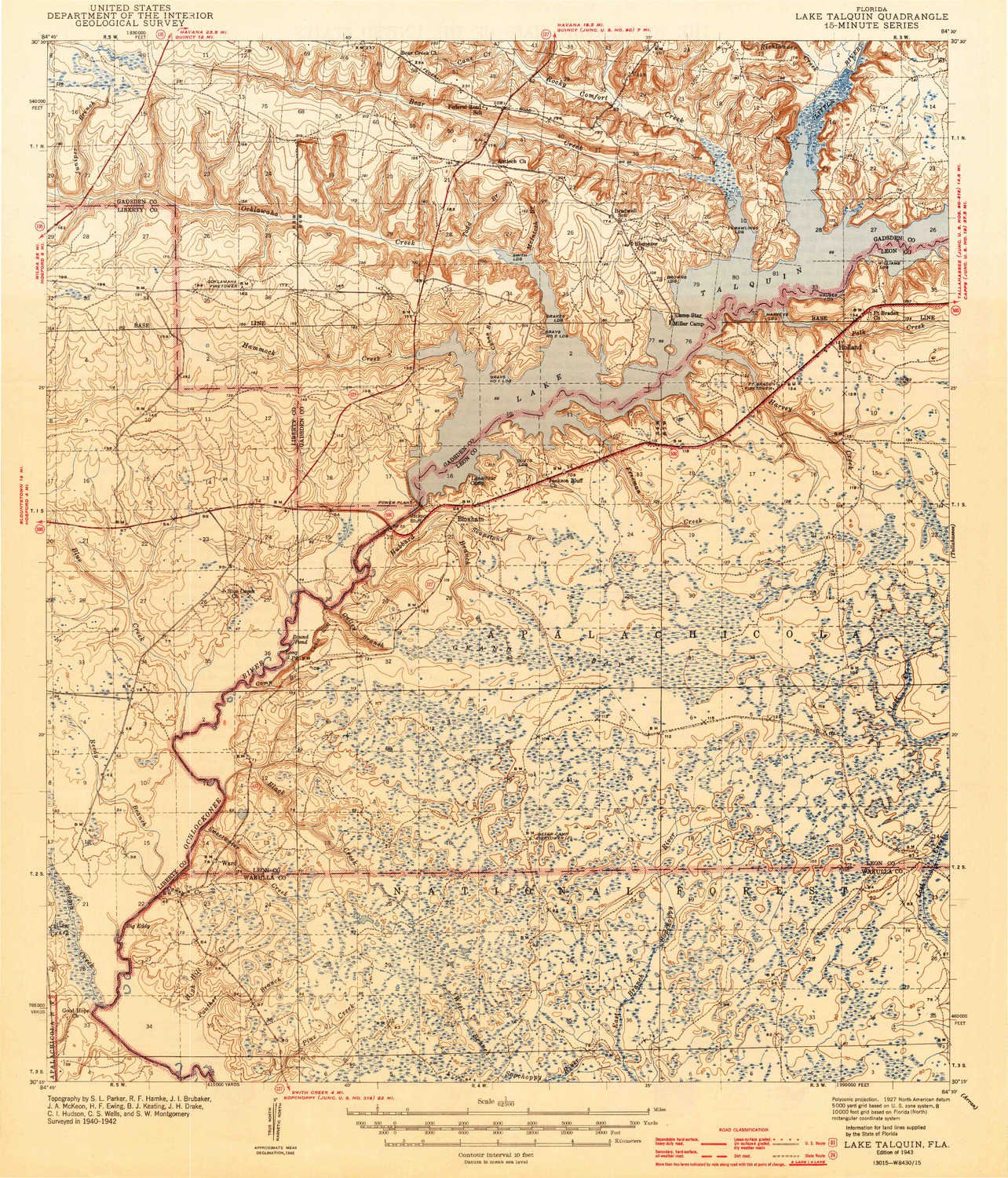YellowMaps Lake Talquin FL topo map, 1:62500 Scale, 15 X 15 Minute, Historical, 1943, 19.7 x 16.9 in - Paper