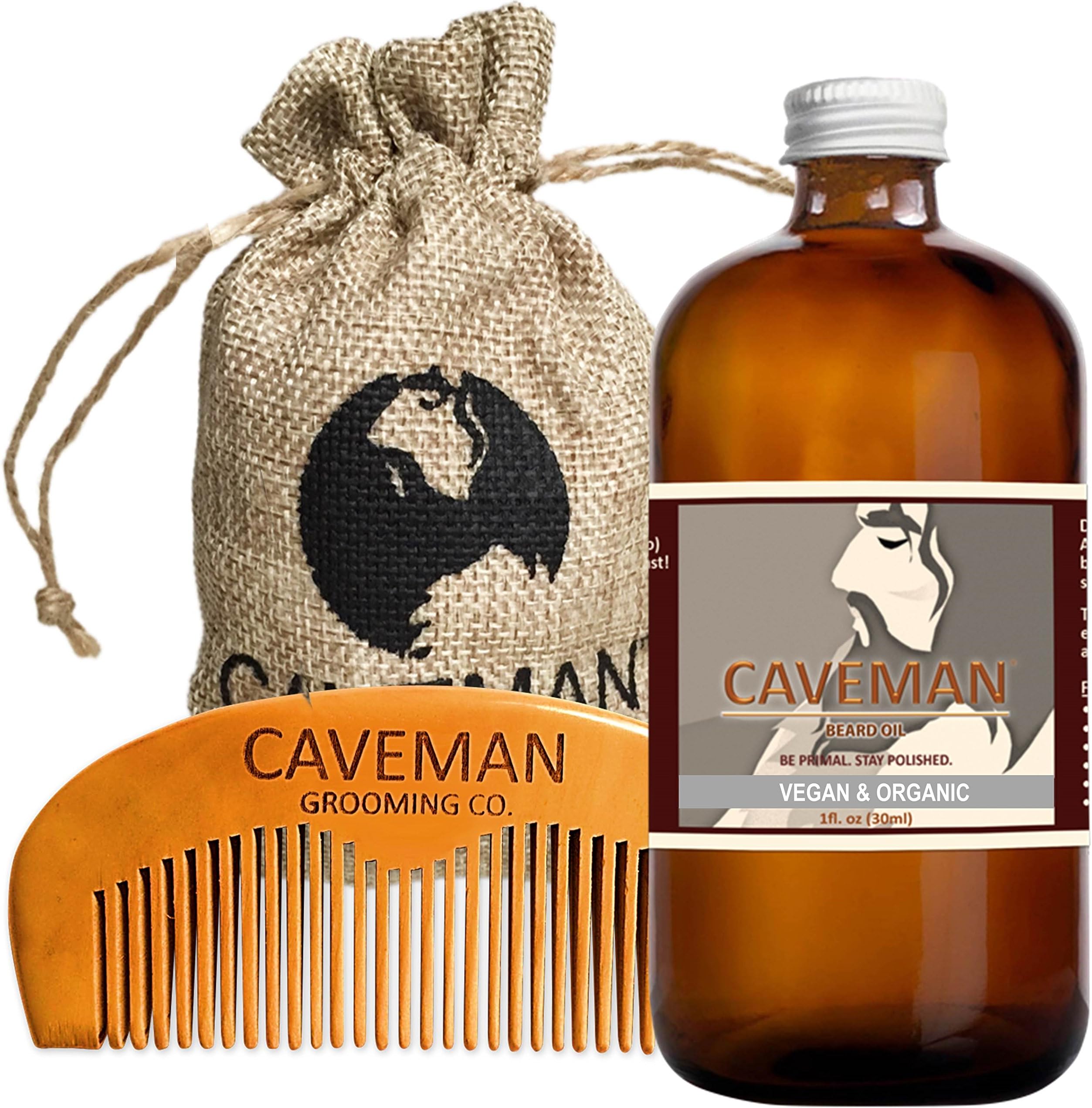 Caveman 100% Vegan and Organic Beard Oil Leave in Conditioner, 1oz oil and handmade wooden comb