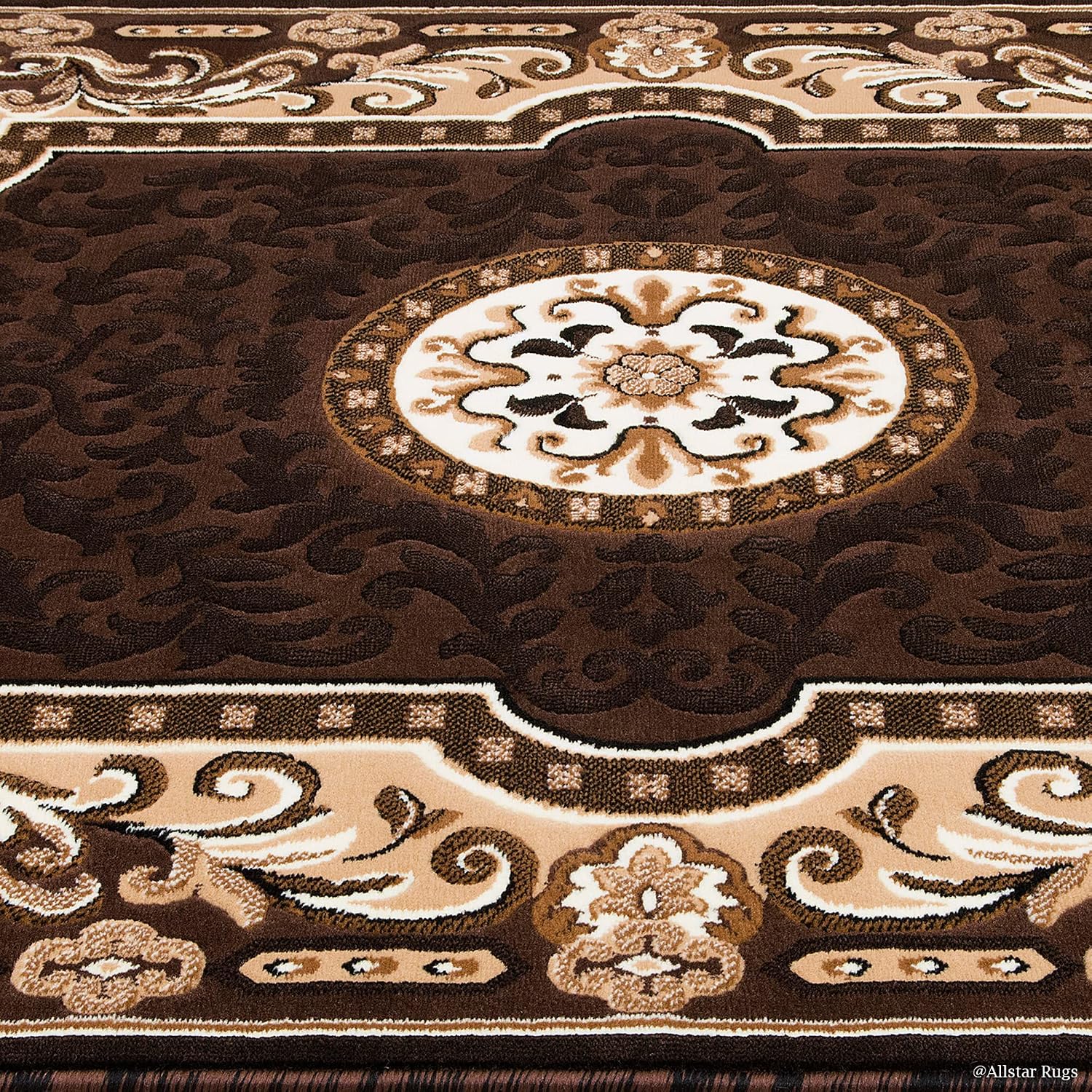 Allstar 5x7 Chocolate and Espresso Classic Floral French Country Machine Carved Effect Rectangular Accent Rug with Ivory and Mocha Bordered Medallion Design(5' 2" x 7' 2")