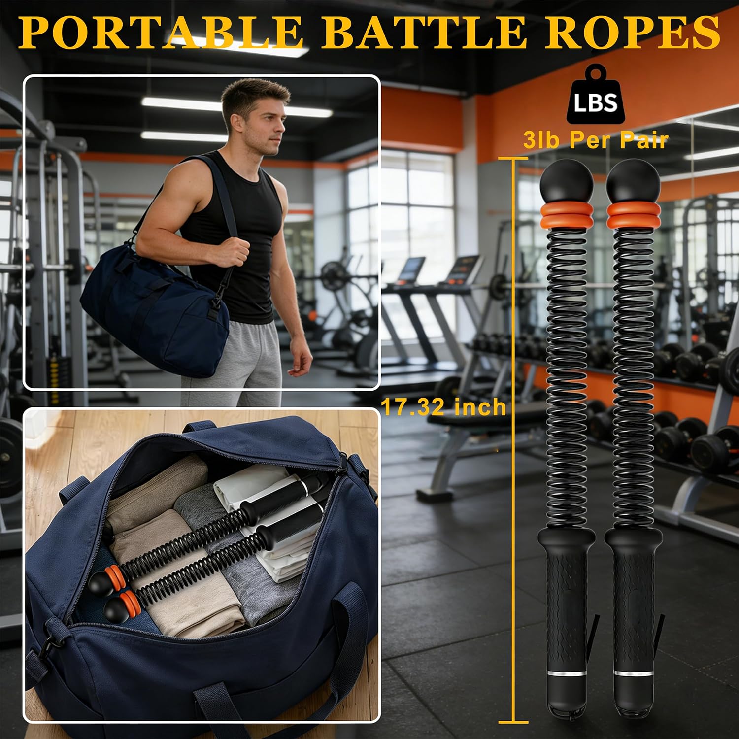 2 Weighted Cordless Battle Ropes-Adjustable Resistance Springs, Portable Ropeless Battle Ropes for Home Gym with Non Slip Handle, Exercise Rope for HIIT, Low-Impact Workout & Strength for Men & Women