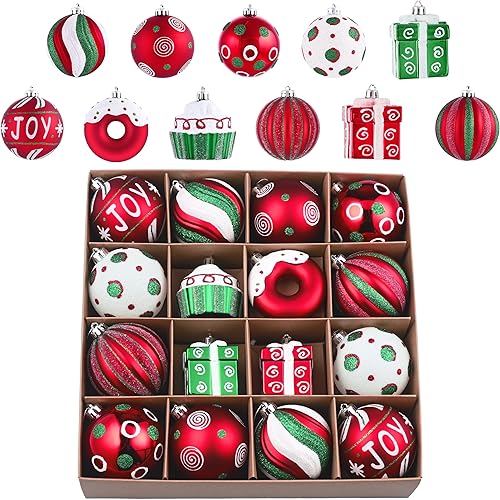 Valery Madelyn Juego de adornos para árbol de Navidad, 16 unidades de bastón de caramelo rojo, verde y blanco, irrompibles, decoración de árbol de