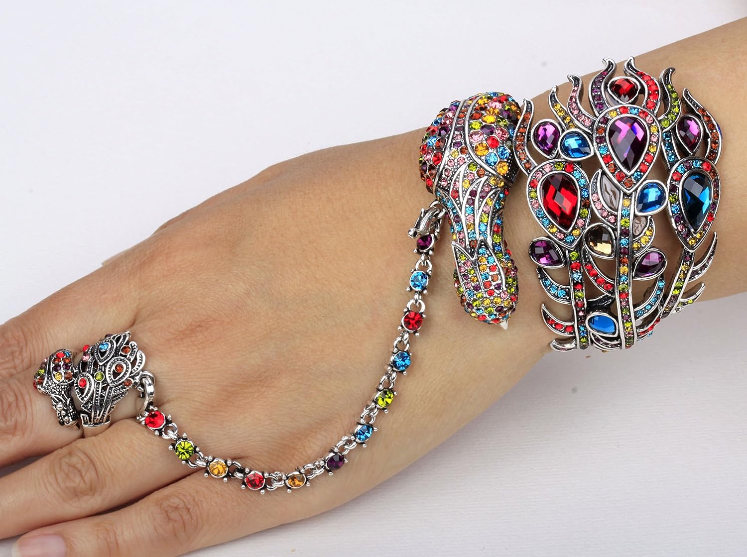 YACQ Women's Hinged Big Peacock Bracelet Slave Stretch Ring Set - Fit Wrist Size 6-1/2 to 7-1/2 Inch & Finger 7 to 9 - Lead Nickle Free - Halloween Costome Outfit
