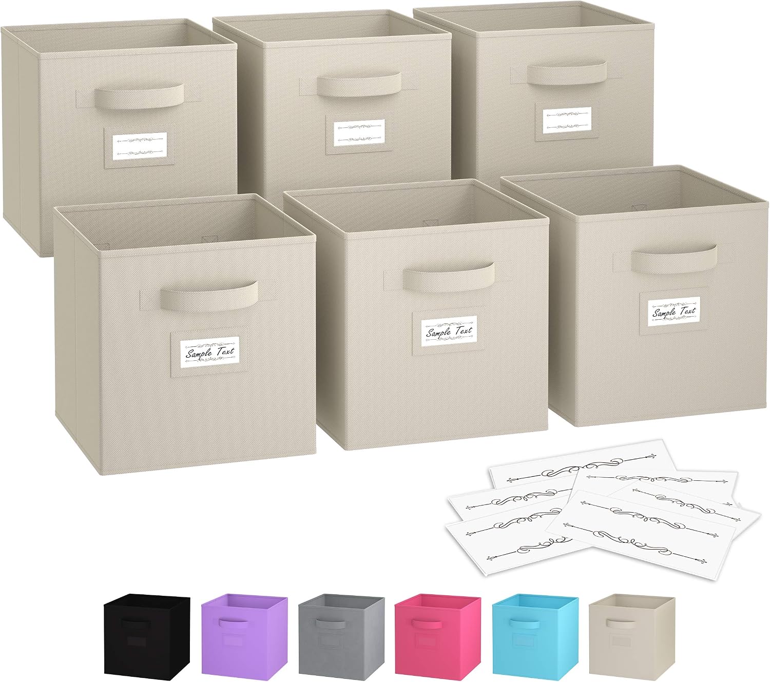 Royexe - Storage Cubes - (Set Of 6) Storage Baskets | Features Dual Handles & Label Window with 10 Label Cards | Cube Storage Bins | Foldable Fabric Closet Shelf Organizer (Beige)